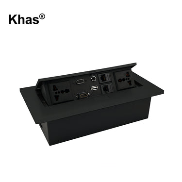 Khas BFF-1216 Black Pop Up Desktop Outlet with universal power sockets, USB, HDMI, network, and more.