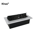 Khas BFF-1216 Silver Pop Up Desktop Outlet with multiple connectivity options including power sockets, USB, HDMI, and network ports.