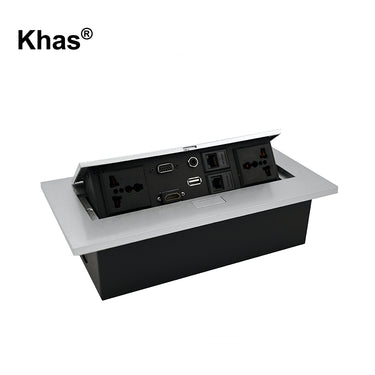 Khas BFF-1216 Silver Pop Up Desktop Outlet with multiple connectivity options including power sockets, USB, HDMI, and network ports.