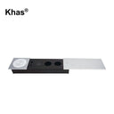 Khas BFF-1409 Silver Wireless Charger Sliding Cover Aluminium Desktop Outlet with 2 German power sockets, USB chargers, network, telephone, and wireless charger.