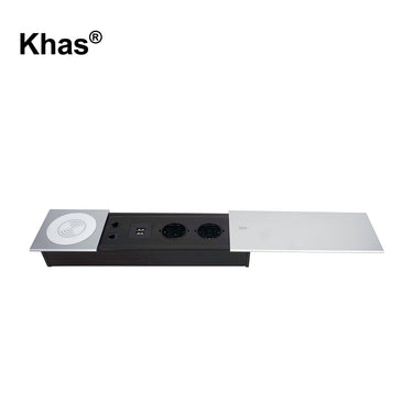 Khas BFF-1409 Silver Wireless Charger Sliding Cover Aluminium Desktop Outlet with 2 German power sockets, USB chargers, network, telephone, and wireless charger.