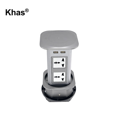 Khas BFF-1501 Silver Touch Screen Wireless Charger Power Socket Outlet with 4 universal power sockets, 4 USB chargers, and a wireless charging pad.