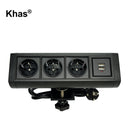 Khas BFF-1805 Black Desktop Clamp Mounted Power Strip Socket with 3 German power sockets and 2 USB chargers.