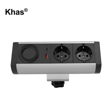 Khas BFF-1836 Black Desktop Clamp Mounted Power Strip Socket with 2 German power sockets, USB Type-C, USB Type-A, and a 15W wireless charger.