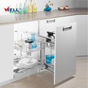 Wellmax PTJ017ER right-mounted blind corner basket in a silver grey and chrome finish, showing the pull-out wire shelving system extending from a white kitchen base cabinet, with close-up details highlighting the polished chrome wire construction and the silver grey sliding track mechanism.