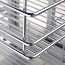 Wellmax PTJ017ER right-mounted blind corner basket in a silver grey and chrome finish, showing the pull-out wire shelving system extending from a white kitchen base cabinet, with close-up details highlighting the polished chrome wire construction and the silver grey sliding track mechanism.