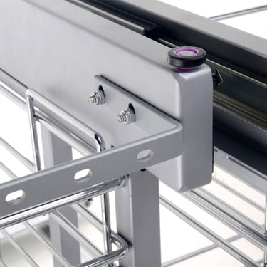 Wellmax PTJ017ER right-mounted blind corner basket in a silver grey and chrome finish, showing the pull-out wire shelving system extending from a white kitchen base cabinet, with close-up details highlighting the polished chrome wire construction and the silver grey sliding track mechanism.