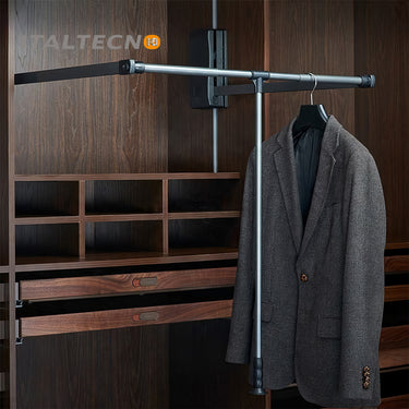 Referencing CLOTH LIFTER 1.jpg, a grey pull-down wardrobe lift is extended outward and downward in a dark wood closet, holding a grey suit jacket on a hanger. CLOTH LIFTER 2.jpg shows a straight-on view of the extended lift mechanism inside the cabinet. CLOTH LIFTER 3.jpg provides a close-up of the adjustable top bar and central T-connector where the pull handle attaches. CLOTH LIFTER 4.jpg illustrates a diagram of the side bracket, showing the pull-down arm extending to a maximum angle of 90 degrees. CLOTH
