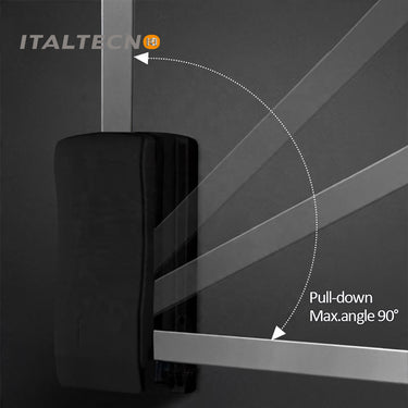 Referencing CLOTH LIFTER 1.jpg, a grey pull-down wardrobe lift is extended outward and downward in a dark wood closet, holding a grey suit jacket on a hanger. CLOTH LIFTER 2.jpg shows a straight-on view of the extended lift mechanism inside the cabinet. CLOTH LIFTER 3.jpg provides a close-up of the adjustable top bar and central T-connector where the pull handle attaches. CLOTH LIFTER 4.jpg illustrates a diagram of the side bracket, showing the pull-down arm extending to a maximum angle of 90 degrees. CLOTH