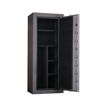 Italtecno DF-1526145 gun safe in Tranquil Grey Color, tall fire-resistant cabinet with fingerprint lock and 3-spoke handle.