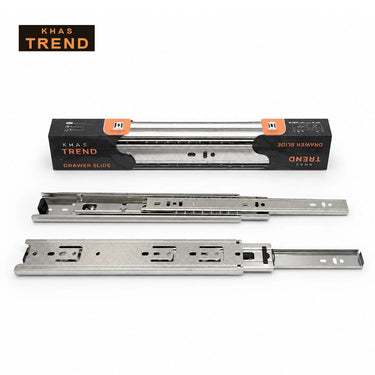 Khas Trend full extension ball bearing drawer slides in an SS finish, displayed alongside their official black and orange branded packaging.