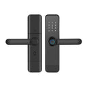 Italtecno F6 smart lock in matt black, featuring a digital keypad, a lever handle with integrated fingerprint scanner, and smart card access.