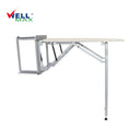 Referencing Folding Ironing Board HZ040C 3.jpg, the Wellmax folding ironing board is deployed from a dark wood wardrobe, showing its sturdy grey iron frame and supporting leg. Folding Ironing Board HZ040C 2.jpg displays the underside of the ironing board when folded up, highlighting the high-density through-hole network and structural reinforcement. Folding Ironing Board HZ040C 1.jpg shows a side profile of the folded ironing board, illustrating its compact, space-saving vertical position. Folding Ironing B