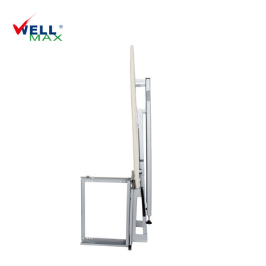 Referencing Folding Ironing Board HZ040C 3.jpg, the Wellmax folding ironing board is deployed from a dark wood wardrobe, showing its sturdy grey iron frame and supporting leg. Folding Ironing Board HZ040C 2.jpg displays the underside of the ironing board when folded up, highlighting the high-density through-hole network and structural reinforcement. Folding Ironing Board HZ040C 1.jpg shows a side profile of the folded ironing board, illustrating its compact, space-saving vertical position. Folding Ironing B