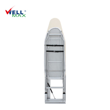 Referencing Folding Ironing Board HZ040C 3.jpg, the Wellmax folding ironing board is deployed from a dark wood wardrobe, showing its sturdy grey iron frame and supporting leg. Folding Ironing Board HZ040C 2.jpg displays the underside of the ironing board when folded up, highlighting the high-density through-hole network and structural reinforcement. Folding Ironing Board HZ040C 1.jpg shows a side profile of the folded ironing board, illustrating its compact, space-saving vertical position. Folding Ironing B