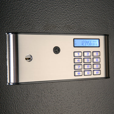 Italtecno GTX-9050II large home and office safe in black, featuring digital keypad, LCD screen, and internal steel drawer.