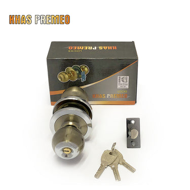 Khas Premeo H8799 AB/CP Round Lock with an elegant combination of Antique Brass and Chrome Plating finish, including three keys and installation hardware.