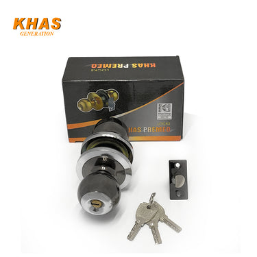 Khas Premeo H8799 BN/CP Round Lock featuring a combination of Black Nickel and Chrome Plating finish, including three keys and mounting hardware.