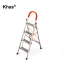 Referencing House Hold Aluminum Ladder With Anti-Slip Pedal 1.jpg, an open 4-step aluminum ladder with vibrant orange side supports and handles stands against a white background. House Hold Aluminum Ladder With Anti-Slip Pedal 2.jpg displays the same ladder folded completely flat. House Hold Aluminum Ladder With Anti-Slip Pedal 3.jpg provides close-up callouts highlighting the comfortable non-slip handle, reinforced construction, widen anti-skid pedals, and protective non-slip bottom covers. House Hold Alum