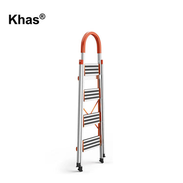 Referencing House Hold Aluminum Ladder With Anti-Slip Pedal 1.jpg, an open 4-step aluminum ladder with vibrant orange side supports and handles stands against a white background. House Hold Aluminum Ladder With Anti-Slip Pedal 2.jpg displays the same ladder folded completely flat. House Hold Aluminum Ladder With Anti-Slip Pedal 3.jpg provides close-up callouts highlighting the comfortable non-slip handle, reinforced construction, widen anti-skid pedals, and protective non-slip bottom covers. House Hold Alum