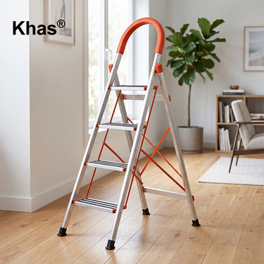 Referencing House Hold Aluminum Ladder With Anti-Slip Pedal 1.jpg, an open 4-step aluminum ladder with vibrant orange side supports and handles stands against a white background. House Hold Aluminum Ladder With Anti-Slip Pedal 2.jpg displays the same ladder folded completely flat. House Hold Aluminum Ladder With Anti-Slip Pedal 3.jpg provides close-up callouts highlighting the comfortable non-slip handle, reinforced construction, widen anti-skid pedals, and protective non-slip bottom covers. House Hold Alum