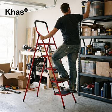 Referencing House Hold Steel Ladder With Square Handle 1.jpg, an open 5-step steel ladder featuring a bright red frame and black steps stands against a white background. House Hold Steel Ladder With Square Handle 2.jpg displays close-up callouts highlighting the ladder's padded square handrail, plastic non-slip pedal, non-slip feet, pedal fixed hook, and cross-braced solid structure. House Hold Steel Ladder With Square Handle.jpg shows a man safely using the red 5-step ladder in a garage to reach the top sh