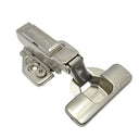 Italtecno half overlay soft close cabinet hinge in a nickel finish, displaying the 35mm cup, 3D adjustment base, and branded arm cover.