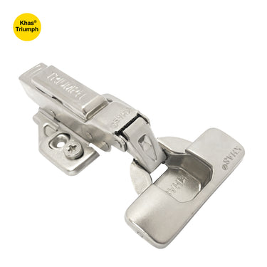 Khas Triumph Half Overlay Soft Close Nickel Plated Cabinet Hinge with 3D adjustment base and clip-on design.