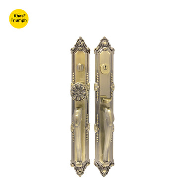 Khas Triumph KE01L-9041S-9006 double handle residential entrance set in antique brass finish, featuring ornate detailing for a classic and elegant look.