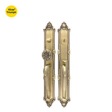 Khas Triumph KE01L-9041S-9006 double handle residential entrance set in matt antique brass finish, featuring ornate detailing for a classic and elegant look.