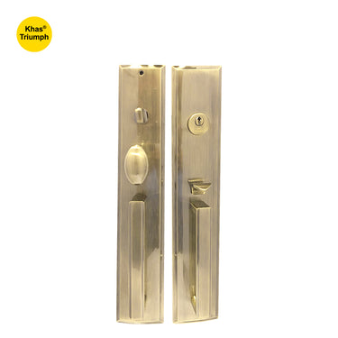 Khas Triumph KE16M-9053S-9003 AB Double Handle Residential Entrance Set, featuring an antique brass finish with a sturdy, elegant design.