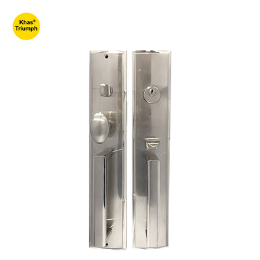 Khas Triumph KE16M-9053S-9003 SN/NP Double Handle Residential Entrance Set, featuring a modern satin nickel and polished finish.