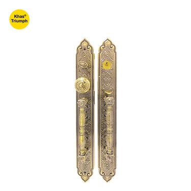 Khas Triumph KE18L-9056-9005 AB Double Handle Residential Entrance Set with an antique brass finish and intricate detailing.