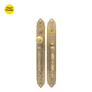 Khas Triumph KE18L-9056-9005 MAB Double Handle Residential Entrance Set with intricate engravings and a matt antique brass finish.