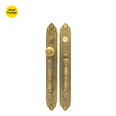 Khas Triumph KE18L-9056-9005 MAE Double Handle Residential Entrance Set with detailed engravings and a matt antique brass finish.