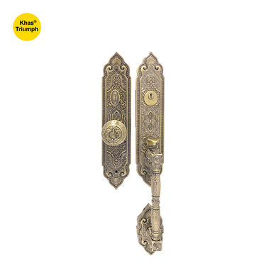 Khas Triumph KE18M-9056-9005 AB Residential Entrance Set featuring intricate engravings and antique brass finish.