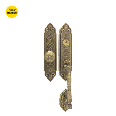 Khas Triumph KE18M-9056-9005 MAB Residential Entrance Set with ornate engravings and matt antique brass finish.