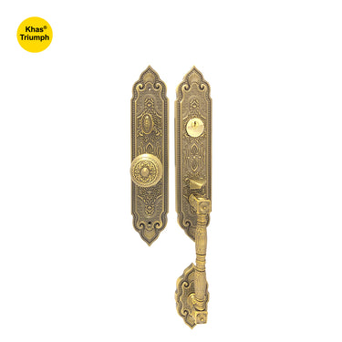 Khas Triumph KE18M-9056-9005 MAE Residential Entrance Set with detailed engravings and a luxurious matt antique brass finish.