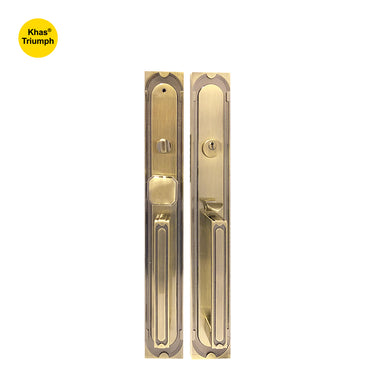 Khas Triumph KE33L-9077-9011 AB Double Handle Residential Entrance Set with a rich antique brass finish and elegant detailing, perfect for enhancing double-door entrances.