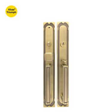 Khas Triumph KE33L-9077-9011 MAB Double Handle Residential Entrance Set featuring a matte antique brass finish, with a classic design for double-door entrances.