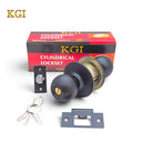 KGI Taiwan CLO3A1300(C3x900) cylindrical round lockset in a matt black finish, displayed alongside its included keys, matching strike plate, door latch, and official red and black KGI packaging.