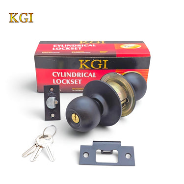 KGI Taiwan CLO3A1300(C3x900) cylindrical round lockset in a matt black finish, displayed alongside its included keys, matching strike plate, door latch, and official red and black KGI packaging.