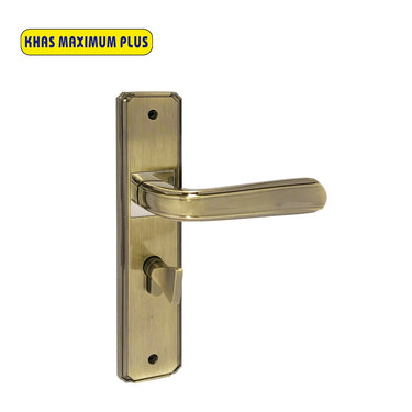 Khas Maximum Plus KH-004 Door Handle Set in Antique Brass finish, featuring a classic handle design with an elegant antique look.