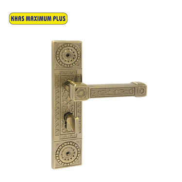 Khas Maximum Plus KH-008 Door Handle Set in Antique Brass finish, featuring intricate detailing with a classic antique look.