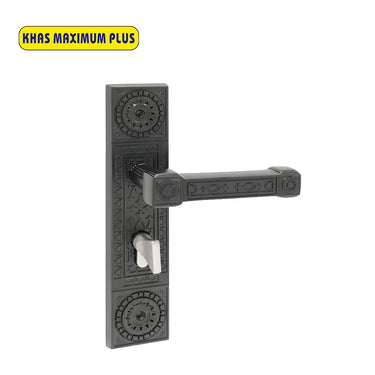 Khas Maximum Plus KH-008 Door Handle Set in Black finish, featuring intricate detailing and a sleek, modern look.