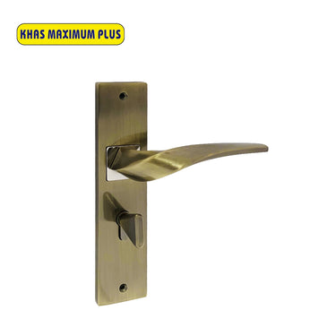 Khas Maximum Plus KH-011 Door Handle Set in Antique Brass and Chrome finish, featuring a sleek curved handle with a dual-color finish.