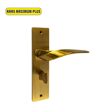 Khas Maximum Plus KH-011 Door Handle Set in Antique Brass with PVD Coating, showcasing a modern curved handle design.