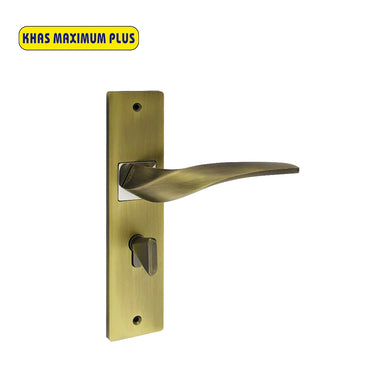 Khas Maximum Plus KH-011 Door Handle Set in Matte Antique Brass with Chrome Plate finish, featuring a modern curved handle design.