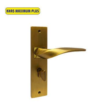 Khas Maximum Plus KH-011 Door Handle Set in MAE/PVD finish, featuring a stylish curved handle design with a matte antique brass look.