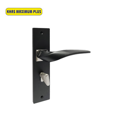 Khas Maximum Plus KH-011 Door Handle Set in Matt Black/CP finish, showcasing a sleek curved handle design with contrasting black and chrome elements.